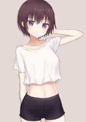 Rule 34 | 1girl, bad id, bad pixiv id, bare arms, black shorts, breasts, brown background, brown hair, closed mouth, cowboy shot, crop top, crop top overhang, expressionless, gantan, hand up, highres, looking at viewer, medium breasts, midriff, navel, original, purple eyes, shirt, short hair, short shorts, short sleeves, shorts, sidelocks, simple background, solo, standing, stomach, white shirt