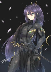 Rule 34 | 1girl, blue eyes, commentary, english commentary, excalibur umbra (warframe), frown, gold trim, hair between eyes, hand on sheath, katana, long hair, looking at viewer, ponytail, power suit, purple hair, scarf, signature, solo, sword, very long hair, warframe, weapon, zxpfer