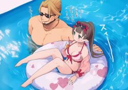 1boy 1girl ayumi_(princess_connect!) bare_legs bare_shoulders barefoot beard bikini blonde_hair blush bow breasts brown_hair chain cleavage collarbone commentary_request crazy_straw cup drinking_glass drinking_straw earrings elf eyewear_on_head facial_hair gino_(princess_connect!) gold_chain green_eyes gucchiann hair_bow hair_ornament heart heart-shaped_eyewear heart_straw highres holding holding_cup innertube jacket jewelry long_hair medium_breasts navel off_shoulder open_clothes open_jacket parted_bangs partially_submerged pink_jacket plaid_bikini plaid_clothes pointy_ears ponytail princess_connect! red_bow see-through_clothes shared_straw small_sweatdrop star_(symbol) star_earrings star_hair_ornament sunglasses sweat swim_ring swimsuit translation_request unmoving_pattern very_long_hair water white_bikini