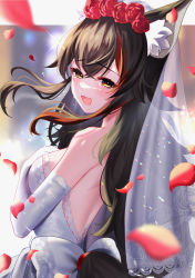 Rule 34 | 1girl, animal ears, black hair, blurry, blurry background, blush, breasts, bridal veil, commentary request, dress, elbow gloves, fang, flower, gloves, hair between eyes, hair flower, hair ornament, highres, hololive, long hair, looking at viewer, looking back, medium breasts, multicolored hair, ookami mio, open mouth, petals, red hair, sidelocks, skin fang, sleeveless, sleeveless dress, smile, solo, strapless, strapless dress, streaked hair, tears, veil, virtual youtuber, wedding dress, white dress, white gloves, wolf ears, wolf girl, yellow eyes, yukisuke (user gtmm7833)