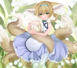Rule 34 | 1girl, absurdres, animal ear fluff, animal ears, apron, arknights, bare arms, bare shoulders, blonde hair, blouse, blue hairband, blush, braid, braided hair rings, breasts, bunnyjiry (jirynyang), closed mouth, collarbone, flower, fox ears, fox girl, fox tail, frilled skirt, frills, green eyes, hair between eyes, hair rings, hairband, highres, hugging own tail, hugging tail, infection monitor (arknights), kitsune, kyuubi, lily of the valley, looking at viewer, multiple tails, pantyhose, purple skirt, shirt, signature, skirt, sleeveless, sleeveless shirt, small breasts, smile, solo, suzuran (arknights), tail, twin braids, waist apron, white apron, white background, white flower, white pantyhose, white shirt