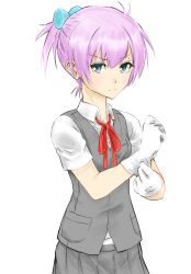 Rule 34 | 10s, 1girl, adjusting clothes, adjusting gloves, antenna hair, bad id, bad pixiv id, blouse, breast pocket, frown, gloves, grey skirt, grey vest, hair ornament, highres, kantai collection, looking at viewer, looking to the side, neck ribbon, pink hair, pleated skirt, pocket, ponytail, red ribbon, ribbon, shiranui (kancolle), shirt, short hair, short sleeves, simple background, skirt, solo, vest, white background, white gloves, white shirt, zombie mogura