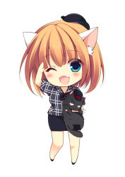 Rule 34 | 1girl, ;d, animal ears, aqua eyes, blush, brown hair, cat, cat ears, chibi, fang, hat, izumiyuhina, looking at viewer, one eye closed, open mouth, original, salute, short hair, simple background, smile, solo, white background