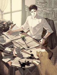Rule 34 | 1boy, animal, ball, book, bookshelf, brown eyes, brown hair, brown theme, clock, clutter, collared shirt, cup, desk, dog, highres, holding, holding pen, indoors, ink, inkwell, jaddddan, looking at animal, male focus, mug, newspaper, open mouth, original, paper, pen, quill, shirt, short hair, sitting, sleeves rolled up, solo, table, teacup, tennis ball, very short hair, watch, white shirt, wristwatch