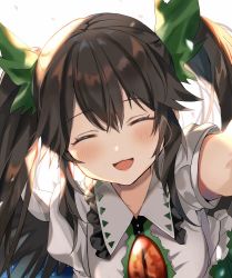 Rule 34 | 1girl, :d, ^ ^, alternate hairstyle, black hair, blush, breasts, closed eyes, commentary request, facing viewer, green ribbon, hair between eyes, hair ribbon, highres, long hair, medium breasts, open mouth, puffy short sleeves, puffy sleeves, reiuji utsuho, ribbon, satoupote, shirt, short sleeves, simple background, smile, solo, touhou, twintails, upper body, white background, white shirt