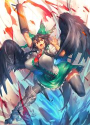 Rule 34 | 1girl, :d, black hair, black thighhighs, breasts, fang, feathered wings, highres, large breasts, long hair, looking at viewer, melon22, open mouth, red eyes, reiuji utsuho, smile, solo, teeth, thighhighs, touhou, w, wings