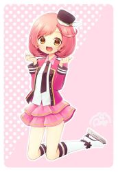 Rule 34 | 1girl, :d, ayase naru, boots, border, brown eyes, collared shirt, commentary request, full body, hands up, hat, ice skates, idol clothes, jacket, knee boots, layered skirt, looking at viewer, mini hat, open mouth, outline, pink background, pink hair, pink jacket, pink skirt, pretty rhythm, pretty rhythm rainbow live, pretty series, rin (ikura meshi), shirt, short hair, signature, skates, skirt, smile, solo, white border, white outline, white shirt
