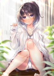 Rule 34 | 1girl, bare legs, barefoot, black hair, bra, breasts, cleavage, collared shirt, commentary request, curtains, day, eyes visible through hair, fingernails, hair tie, hand up, highres, ko yu, long sleeves, looking at viewer, medium breasts, moe2021, nail polish, one side up, open clothes, open shirt, original, panties, plaid, plaid skirt, plant, potted plant, purple eyes, purple skirt, red nails, shirt, short hair, sitting, skirt, sleeves past wrists, solo, toenail polish, toenails, underwear, white bra, white panties, white shirt