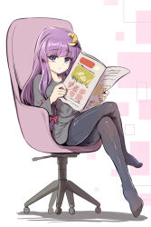 Rule 34 | black pantyhose, black shirt, bow, casual, chair, crescent, crescent hair ornament, crossed legs, hair bow, hair ornament, highres, holding, holding newspaper, long hair, namiki (remiter00), newspaper, office chair, pantyhose, patchouli knowledge, purple eyes, purple hair, reading, red bow, shirt, sitting, swivel chair, t-shirt, thighband pantyhose, touhou