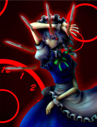 Rule 34 | 1girl, am24, bow, braid, embodiment of scarlet devil, female focus, gradient background, hair bow, hair ornament, highres, izayoi sakuya, knife, maid, maid headdress, one eye closed, red eyes, slit pupils, solo, throwing knife, touhou, weapon, wink, wrist cuffs