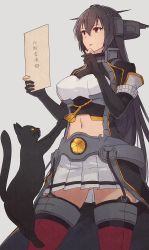 Rule 34 | 1girl, 1other, animal, black coat, black gloves, black hair, cat, coat, cowboy shot, elbow gloves, gloves, grey eyes, hair between eyes, hand on own chin, headgear, holding, holding paper, kantai collection, kasumi (skchkko), long coat, long hair, nagato (kancolle), navel, paper, parted lips, partially fingerless gloves, pleated skirt, red eyes, red thighhighs, simple background, skirt, stomach, thighhighs, translation request, white skirt