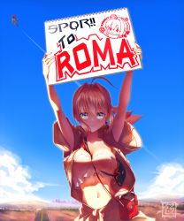 Rule 34 | 1boy, 1girl, ahoge, between breasts, blonde hair, blue sky, blush, breasts, brown jacket, canteen, chibi, chibi inset, cleavage, cloud, collarbone, commentary request, fate/grand order, fate (series), flying, green hair, highres, holding, holding sign, jacket, large breasts, looking at viewer, midriff, navel, nero claudius (fate), nero claudius (fate) (all), nero claudius (fate/extra), official alternate costume, open clothes, open jacket, romulus (fate), shirt, sign, sky, smile, solo focus, strap, suryua, white shirt