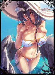 Rule 34 | 1girl, absurdres, albedo (overlord), bikini, breasts, covered erect nipples, hat, highres, horns, large breasts, mitsu (mitsu art), non-web source, overlord (maruyama), solo, sweat, swimsuit, tagme, water, wings