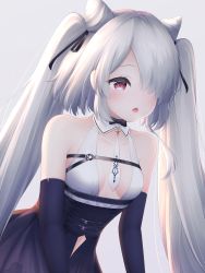 Rule 34 | 1girl, :o, absurdres, azur lane, breasts, clothing cutout, cone hair bun, dress, elbow gloves, gloves, grey background, hair bun, hair horns, halter dress, halterneck, highres, kiev (azur lane), kiev (backstreet silver sonata) (azur lane), long hair, navel cutout, official alternate costume, open mouth, purple dress, purple gloves, red eyes, simple background, small breasts, solo, twintails, two-tone dress, very long hair, vldjm13, white dress, white hair
