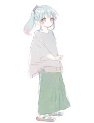 Rule 34 | 1girl, blue hair, blue scrunchie, blush, cha ipride, closed mouth, expressionless, from side, full body, gradient hair, green skirt, grey shirt, hair ornament, hair scrunchie, highres, hyodou shizuku, idoly pride, long bangs, long skirt, long sleeves, looking at viewer, multicolored hair, outstretched arm, oversized clothes, oversized shirt, pink eyes, pink hair, ponytail, sandals, scrunchie, shirt, sidelocks, simple background, skirt, solo, white background