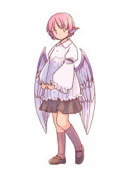 Rule 34 | 1girl, adapted costume, alternate costume, animal ears, backlighting, bird ears, bird girl, bird wings, black footwear, black skirt, blouse, blush, brown socks, casual, closed mouth, collared shirt, commentary request, dot mouth, expressionless, eyes visible through hair, feathered wings, frilled shirt collar, frilled sleeves, frills, from side, full body, head tilt, heel up, kneehighs, long sleeves, looking at viewer, looking to the side, low wings, mary janes, mystia lorelei, no headwear, no nose, own hands clasped, own hands together, pink hair, pleated skirt, puffy long sleeves, puffy sleeves, rangycrow, red eyes, shirt, shoes, short hair, simple background, skirt, sleeve garter, socks, solo, standing, touhou, white background, white shirt, wide sleeves, wing collar, wings, | |