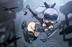 Rule 34 | 1girl, absurdres, arched back, armor, ass, bare shoulders, blue eyes, blue hair, blurry, busou shinki, covered mouth, depth of field, detached collar, dual wielding, elbow gloves, flat chest, full body, gauntlets, gloves, greaves, hair between eyes, headgear, highres, holding, jinrai (frame arms girl), katana, kunai, leotard, long hair, looking at viewer, mask, mouth mask, ninja, ninja mask, ponytail, rtari, shuriken, solo, sword, tassel, thighhighs, thong, thong leotard, wakizashi, weapon, weapon on back