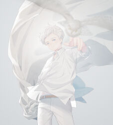 Rule 34 | 1boy, awarin, belt, bird, blue eyes, closed mouth, highres, long sleeves, looking at viewer, male focus, neck tattoo, norman (yakusoku no neverland), number tattoo, owl, pants, shirt, short hair, solo, tattoo, white background, white hair, white pants, white shirt, white theme, yakusoku no neverland