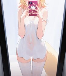 Rule 34 | 1girl, alternate costume, blonde hair, cellphone, commentary, covered navel, dog girl, dog tail, dress, english commentary, head out of frame, highres, holding, holding phone, hololive, hololive english, knees out of frame, koahri, mirror, mococo abyssgard, multicolored hair, phone, pink hair, reflection, selfie, short dress, short hair, single off shoulder, sleeveless, sleeveless dress, smartphone, solo, streaked hair, tail, thighhighs, virtual youtuber, white dress, white thighhighs