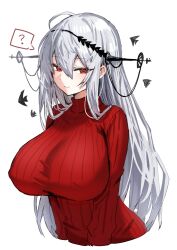 Rule 34 | 1girl, ?, angelfish, arknights, arms at sides, blush, breasts, closed mouth, cropped torso, dot nose, fish, grey hair, hair between eyes, highres, horn/wood, huge breasts, impossible clothes, impossible sweater, long hair, looking at viewer, red eyes, red sweater, ribbed sweater, sidelocks, simple background, skadi (arknights), skadi the corrupting heart (arknights), smile, solo, spoken question mark, straight hair, sweater, turtleneck, turtleneck sweater, white background