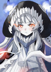 Rule 34 | 1girl, :t, abyssal ship, akagi kurage, black headwear, blush, cloak, colored skin, dress, glowing, glowing eyes, grey hair, grey skin, highres, horns, kantai collection, looking at viewer, new mass-produced aircraft carrier princess, orange eyes, pale skin, pout, simple background, solo, upper body, white dress, white hair