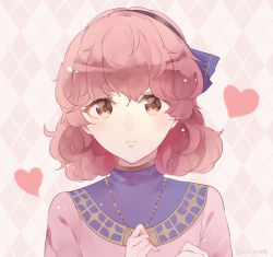 Rule 34 | 1girl, artist name, bow, brown eyes, curly hair, fire emblem, fire emblem echoes: shadows of valentia, genny (fire emblem), hairband, heart, highres, jewelry, mirin., necklace, nintendo, pink hair, portrait, solo