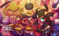 blue_eyes bow cake colored_sclera colored_skin creatures_(company) cupcake food fork game_freak gen_3_pokemon gen_5_pokemon gen_6_pokemon gothorita green_hair hair_bow heart heart_in_eye highres holding holding_fork horns kirlia knife meowstic meowstic_(female) nintendo pie pie_slice pink_eyes pink_skin plate pokemon pokemon_(creature) sidelocks symbol_in_eye white_bow white_skin yellow_sclera yukifuri_tsuyu