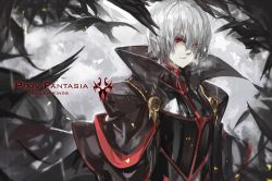 Rule 34 | 1boy, armor, black armor, black cape, breath, cape, character request, copyright name, hair between eyes, highres, male focus, parted lips, pixiv fantasia, pixiv fantasia fallen kings, plant, pointy ears, rain, red eyes, reflection, saberiii, solo, upper body, vampire, wet, white hair