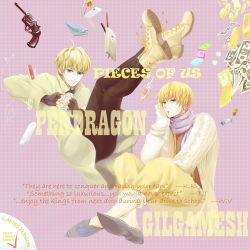 Rule 34 | 2boys, ahoge, arthur pendragon (fate), blonde hair, boots, candy, casual, coat, earrings, english text, fate/prototype, fate/zero, fate (series), fingerless gloves, gilgamesh (fate), gloves, green eyes, gun, handgun, heart, heart hands, jewelry, male focus, money, multiple boys, pianowhite, red eyes, revolver, scarf, short hair, weapon