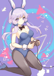 Rule 34 | 1girl, alternate costume, animal ears, apring, bad id, bad pixiv id, bare shoulders, black pantyhose, blush, bow, bowtie, breasts, cleavage, controller, detached collar, fake animal ears, female focus, game controller, hair ornament, high heels, kneeling, leotard, light purple hair, long hair, looking at viewer, low twintails, pantyhose, playboy bunny, purple eyes, purple hair, rabbit ears, rabbit tail, scrunchie, shoes, short hair with long locks, solo, tail, twintails, vocaloid, voiceroid, wrist cuffs, yuzuki yukari