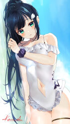Rule 34 | 1girl, alternate costume, alternate hairstyle, amano nene (vtuber), bare arms, bare shoulders, black hair, blue hair, blush, breasts, clothing cutout, commission, frilled one-piece swimsuit, frills, green eyes, highres, jewelry, looking at viewer, lying, medium breasts, navel cutout, off-shoulder one-piece swimsuit, off shoulder, on side, one-piece swimsuit, parted lips, ponytail, production kawaii, ring, scrunchie, shima koume, signature, skeb commission, solo, spaghetti strap, swimsuit, thigh strap, virtual youtuber, water, white one-piece swimsuit, wing hair ornament, wrist scrunchie