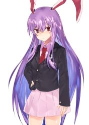Rule 34 | 1girl, :/, animal ears, asuzemu, blazer, breasts, closed mouth, cowboy shot, crescent, crescent pin, hand on own hip, jacket, long hair, long sleeves, looking at viewer, necktie, pink skirt, purple hair, rabbit ears, red eyes, red necktie, reisen udongein inaba, skirt, solo, standing, touhou, very long hair