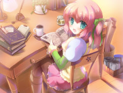 Rule 34 | 1girl, :d, aqua eyes, bad id, bad pixiv id, blush, book, chair, hizukiryou, holding, holding book, inkwell, open book, open mouth, original, pink hair, plant, potted plant, quill, short hair, sitting, smile, solo, white background