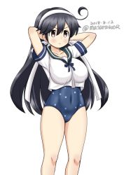Rule 34 | 1girl, ahoge, black hair, blue one-piece swimsuit, breasts, brown eyes, dated, feet out of frame, hairband, kantai collection, large breasts, long hair, masara (chuujou), one-piece swimsuit, polka dot, polka dot swimsuit, sailor collar, sailor shirt, school uniform, serafuku, shirt, simple background, solo, swimsuit, swimsuit under clothes, twitter username, ushio (kancolle), white background, white hairband