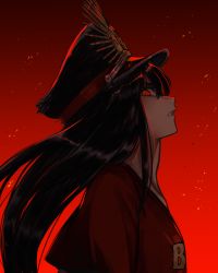 Rule 34 | 1girl, black hair, black hat, buster shirt, commentary request, fate/grand order, fate (series), floating hair, from side, fumato, gradient background, hat, highres, long hair, looking at viewer, oda nobunaga (fate), oda nobunaga (koha-ace), oda nobunaga (swimsuit berserker) (fate), oda nobunaga (swimsuit berserker) (first ascension) (fate), parted lips, peaked cap, profile, red background, red eyes, red shirt, shirt, sideways glance, slit pupils, solo, t-shirt, upper body