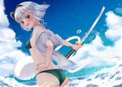 1girl :d ass bikini black_hairband black_ribbon blue_eyes blue_sky blunt_bangs blush bob_cut breasts cloud cloudy_sky commentary_request day good_ass_day green_bikini grey_hair hairband halterneck hand_on_own_hip happy highres holding holding_sword holding_weapon katana konpaku_youmu konpaku_youmu_(ghost) looking_at_viewer ocean off_shoulder open_clothes open_mouth open_shirt outdoors ribbon rital see-through_clothes see-through_shirt shirt short_hair sky small_breasts smile solo swimsuit sword touhou weapon white_shirt