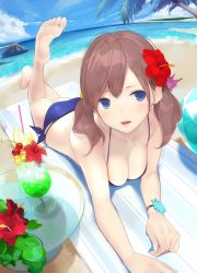 Rule 34 | 1girl, :o, ama mitsuki, ball, bare arms, bare legs, bare shoulders, barefoot, beach, beach mat, beachball, bikini, blue bikini, blue eyes, blue flower, blue sky, blush, breasts, brown hair, cherry, cleavage, cloud, cocktail glass, collarbone, cup, day, drinking glass, drinking straw, feet, fisheye, flower, food, foot up, fruit, hair flower, hair ornament, hibiscus, horizon, leg up, long hair, looking at viewer, lying, medium breasts, ocean, on stomach, open mouth, original, outdoors, palm tree, red flower, rock, sand, side-tie bikini bottom, sidelocks, sky, solo, swimsuit, table, the pose, thighs, toes, tree, tropical drink, twitter username, water
