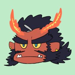 Rule 34 | 1boy, astar (live a hero), bara, chibi, colored skin, cropped head, facial hair, fiery horns, flat color, forked eyebrows, frown, highres, horns, huge eyebrows, live a hero, looking ahead, male focus, mature male, mustache, mutton chops, ogre, pointy ears, red skin, sanpaku, solo, tsukudani-chan (29 da2), tusks