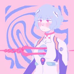 Rule 34 | 1girl, artist name, ayanami rei, bad id, bad twitter id, bident, blue hair, blush, bodysuit, commentary, english commentary, expressionless, hole on body, interface headset, lance of longinus (evangelion), looking to the side, neon genesis evangelion, pilot suit, pink background, plugsuit, polearm, red eyes, shooting through heart, short hair, solo, upper body, vitamincera, white bodysuit