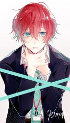 Rule 34 | 1boy, arms around neck, blue eyes, hair between eyes, highres, hypnosis mic, id card, kannonzaka doppo, long sleeves, looking at viewer, male focus, multicolored hair, myuhuaki, necktie, open clothes, open mouth, red hair, short hair, simple background, solo, two-tone hair, upper body, white background