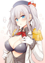 Rule 34 | 1girl, :o, beret, black bra, black hat, blue eyes, blush, bra, breast suppress, breasts, cleavage, clothes grab, collared shirt, dress shirt, embarrassed, epaulettes, flower, gloves, gradient background, grey shirt, hat, jacket, kantai collection, kashima (kancolle), large breasts, long sleeves, looking at viewer, neckerchief, open clothes, open jacket, partially unbuttoned, red background, red neckerchief, rui shi (rayze ray), shirt, sidelocks, silver hair, skindentation, solo, spoken blush, twintails, underwear, white gloves, white jacket