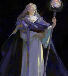 Rule 34 | 1girl, black background, blonde hair, blue cape, cape, cloak, closed eyes, closed mouth, dark background, dress, faux traditional media, feet out of frame, glowing, highres, holding, holding staff, hood, lips, long dress, long hair, long sleeves, orb, original, robe, simple background, solo, staff, standing, white hair, white robe, wide sleeves, yuming li