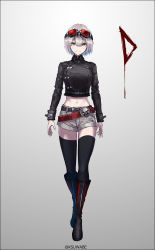 Rule 34 | 1girl, arms at sides, belt, black jacket, black thighhighs, blood, blue hair, blush, boots, breasts, buckle, closed mouth, full body, goggles, goggles on head, gradient background, grey background, grey hair, hair between eyes, jacket, k-suwabe, knee boots, long sleeves, looking at viewer, midriff, multicolored hair, navel, original, red-tinted eyewear, short hair, short shorts, shorts, signature, simple background, skull, smile, solo, thighhighs, tinted eyewear, twitter username, two-tone hair, virtual youtuber, walking, yellow eyes