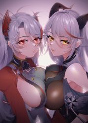 Rule 34 | 2girls, aegir (azur lane), azur lane, bare shoulders, black cape, bodystocking, breast curtains, breast press, breasts, buttons, cape, cross, cross earrings, demon horns, earrings, headgear, highres, horns, impossible clothes, iron cross, jewelry, large breasts, long hair, looking at viewer, maitei roppa, medal, mole, mole on breast, multicolored hair, multiple girls, prinz eugen (azur lane), purple background, red eyes, red hair, sideboob, simple background, streaked hair, symmetrical docking, twintails, two-tone hair, white hair, yellow eyes