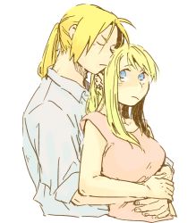Rule 34 | 1boy, 1girl, :/, blonde hair, blue eyes, couple, dress shirt, edward elric, expressionless, closed eyes, fingernails, frown, fullmetal alchemist, head rest, hetero, hug, hug from behind, igi (tarqu0ise), looking at another, looking up, shirt, short sleeves, simple background, v-shaped eyebrows, white background, white shirt, winry rockbell