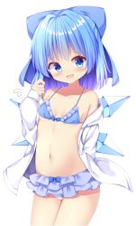 Rule 34 | 1girl, alternate costume, arm behind back, arm up, bikini, blue bikini, blue eyes, blue hair, blue ribbon, blush, breasts, cirno, collarbone, commentary request, cowboy shot, embarrassed, flying sweatdrops, frilled bikini, frills, hair ribbon, head tilt, highres, jacket, long sleeves, looking at viewer, navel, off-shoulder jacket, off shoulder, open clothes, open jacket, open mouth, ribbon, sabana, short hair, sideboob, simple background, small breasts, solo, standing, sweatdrop, swimsuit, tareme, touhou, underboob, white background, white jacket