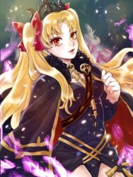 Rule 34 | 1girl, black cloak, black dress, blonde hair, blush, bow, cloak, dress, earrings, ereshkigal (fate), fate/grand order, fate (series), hair bow, highres, jewelry, long hair, looking at viewer, meslamtaea (weapon), misomiso211, parted lips, red bow, red eyes, skull, solo, tiara, two side up, upper body