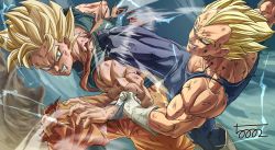 Rule 34 | 2boys, 5002 bus, angry, arm up, biceps, blonde hair, blood, blood from mouth, blue eyes, blue footwear, blue wristband, boots, clenched teeth, clothes grab, commentary request, dragon ball, dragonball z, facial mark, fighting, forehead mark, gloves, highres, injury, korean commentary, large pectorals, looking at another, majin vegeta, multiple boys, muscular, muscular male, orange shirt, pectorals, serious, shirt, signature, son goku, spiked hair, super saiyan, super saiyan 2, teeth, thick eyebrows, thighs, torn clothes, vegeta, white footwear, white gloves