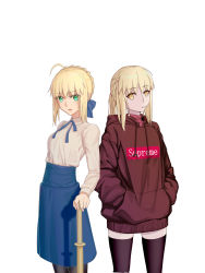 Rule 34 | 2girls, absurdres, ahoge, alternate costume, artoria pendragon (all), artoria pendragon (fate), black legwear, blonde hair, blouse, blue bow, blue neckwear, blue ribbon, blue skirt, bow, braid, brown hoodie, collared shirt, contemporary, cowboy shot, crown braid, er ci gudu, fate/grand order, fate (series), green eyes, hair bow, hands in pockets, high-waist skirt, highres, hood, hoodie, long sleeves, looking at viewer, mouth hold, multiple girls, open mouth, pantyhose, pink sweater, ponytail, ribbon, saber (fate), saber alter, shirt, side-by-side, simple background, skirt, supreme (brand), sweater, sword, thighhighs, turtleneck, turtleneck sweater, weapon, white background, white shirt, wooden sword, yellow eyes, zettai ryouiki