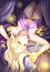 Rule 34 | 1girl, bed, blonde hair, bracelet, breasts, cleavage, coin, curtains, gold, green eyes, jewelry, long hair, lying, necklace, on back, original, smile, solo, upside-down